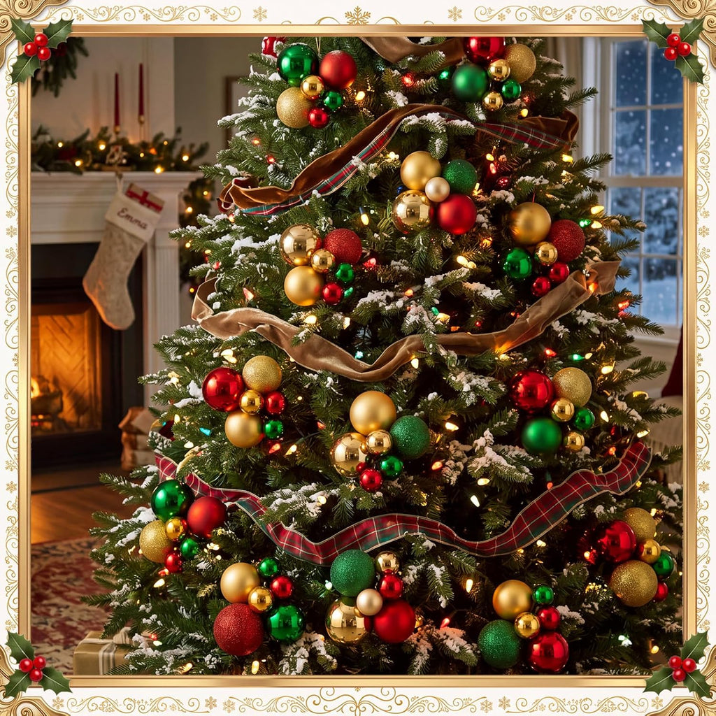 100 Pcs Red Green Gold Christmas Balls Cluster Ornament Decor & Ties