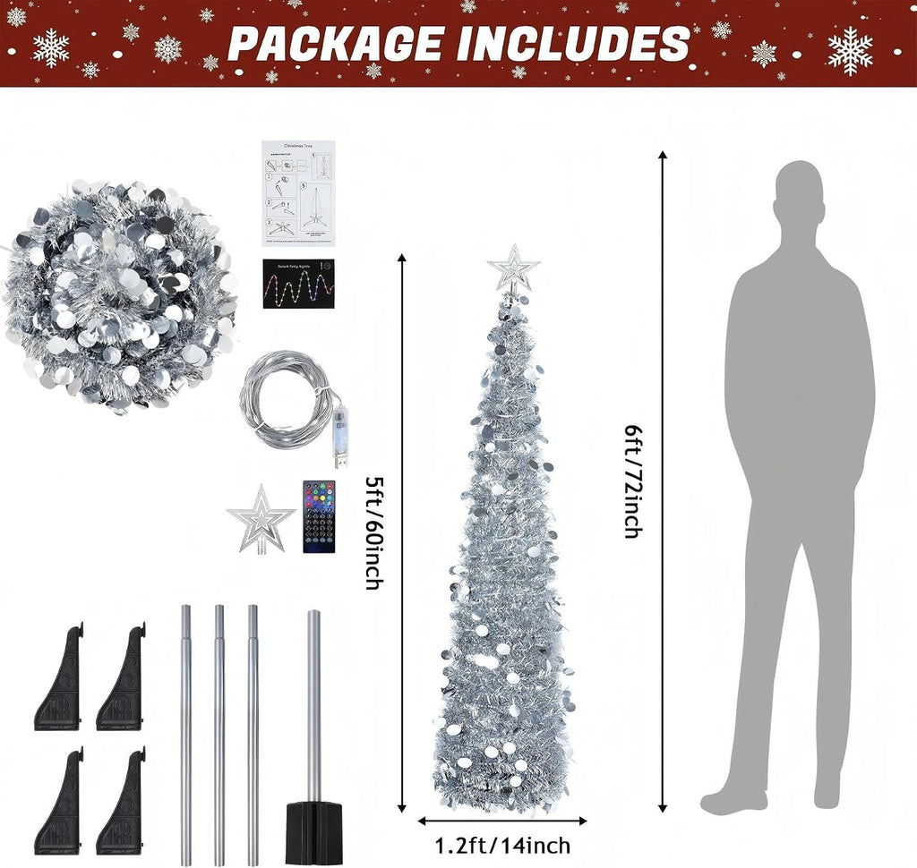 5 Ft Pop Up Christmas Tinsel Tree with Multi-Color Timer LED Lights, Collapsible Pencil Christmas Tree with Remote