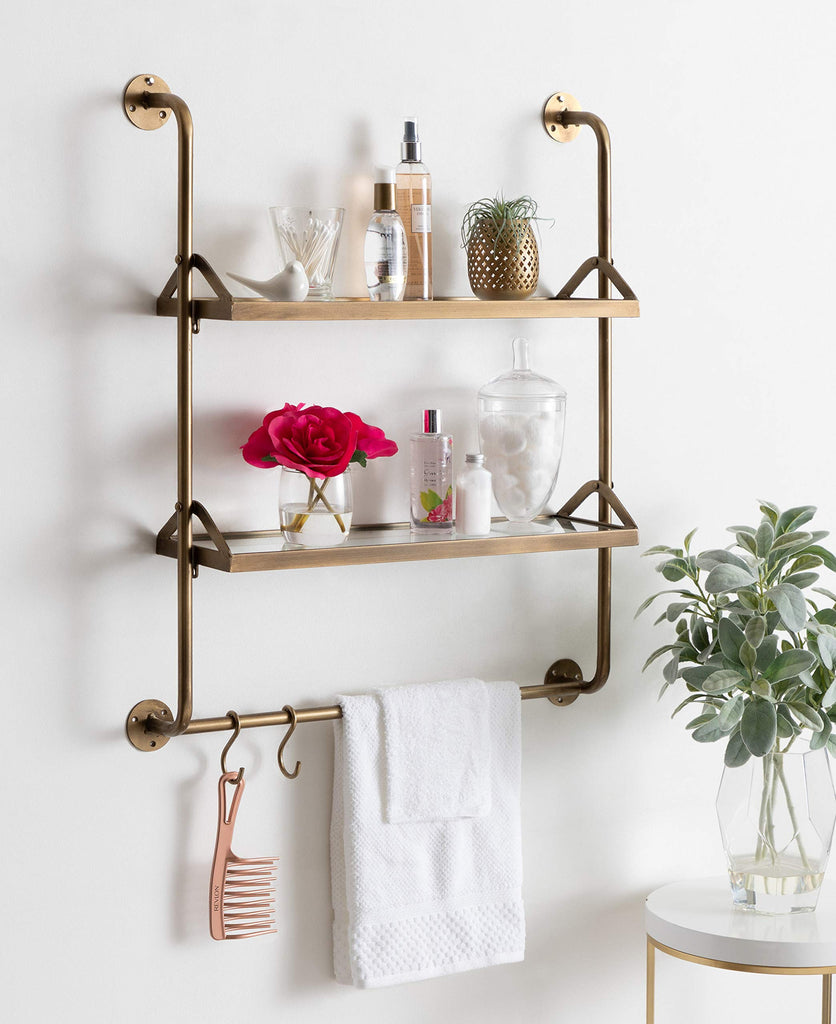 Marit Modern Industrial Wall Shelf with Metal Pipe Supports and Glass Shelves, Gold