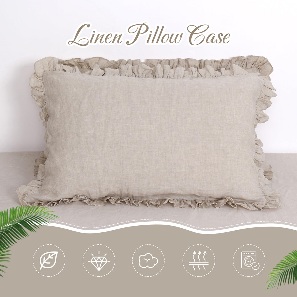 Linen World Linen Ruffled Pillow Cases 20''x30'' - 100% French Natural Linen Pillowcase Set of 2, Ruffled