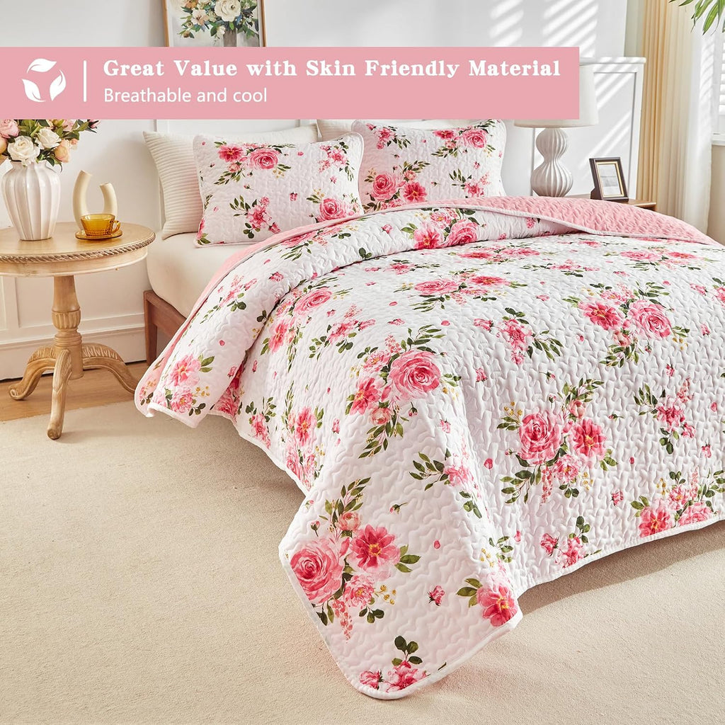Floral Quilt Set 3 Pieces King White Pink Flower Soft Microfiber Lightweight Summer Reversible Coverlet Bedspread for