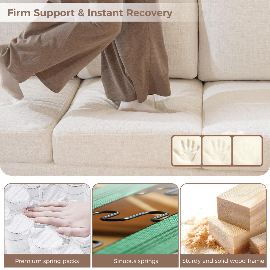 85" Modern Couches, Natural Linen 3 Seat Sofa, Comfy Deep Seat Sofa, Spring Cushions, Removable Cover, Solid Wood