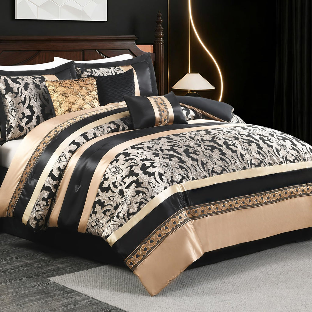 Black Gold Jacquard Comforter Set, 7PCS Bed in a Bag