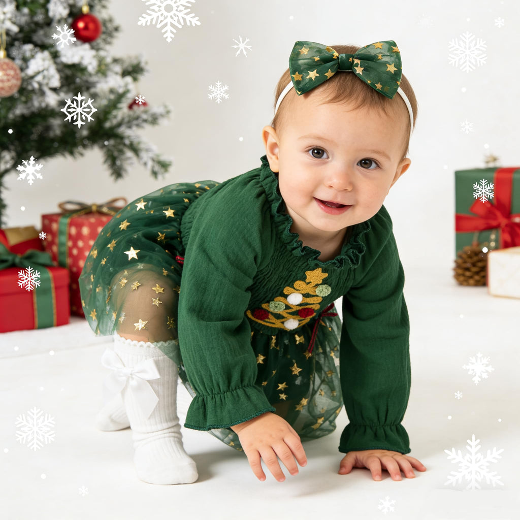 Baby Girl 1st Birthday Outfit Long Sleeve Christmas Romper Dress Cake Smash Clothes with Headband