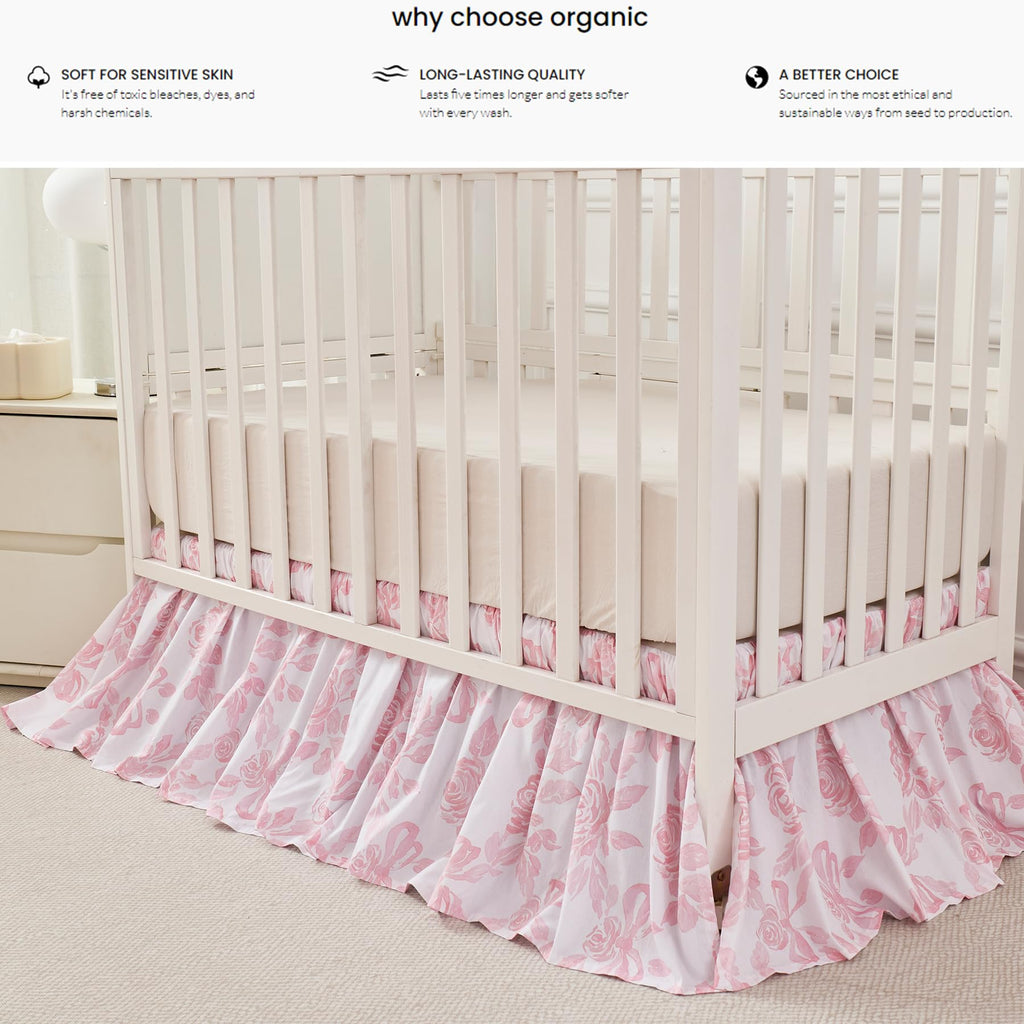 Organic Cotton Crib Skirt Dust Ruffle, Baby Girl Crib Bed Skirt, 4-Sided, Luxury French Vintage Pink Rose Floral &