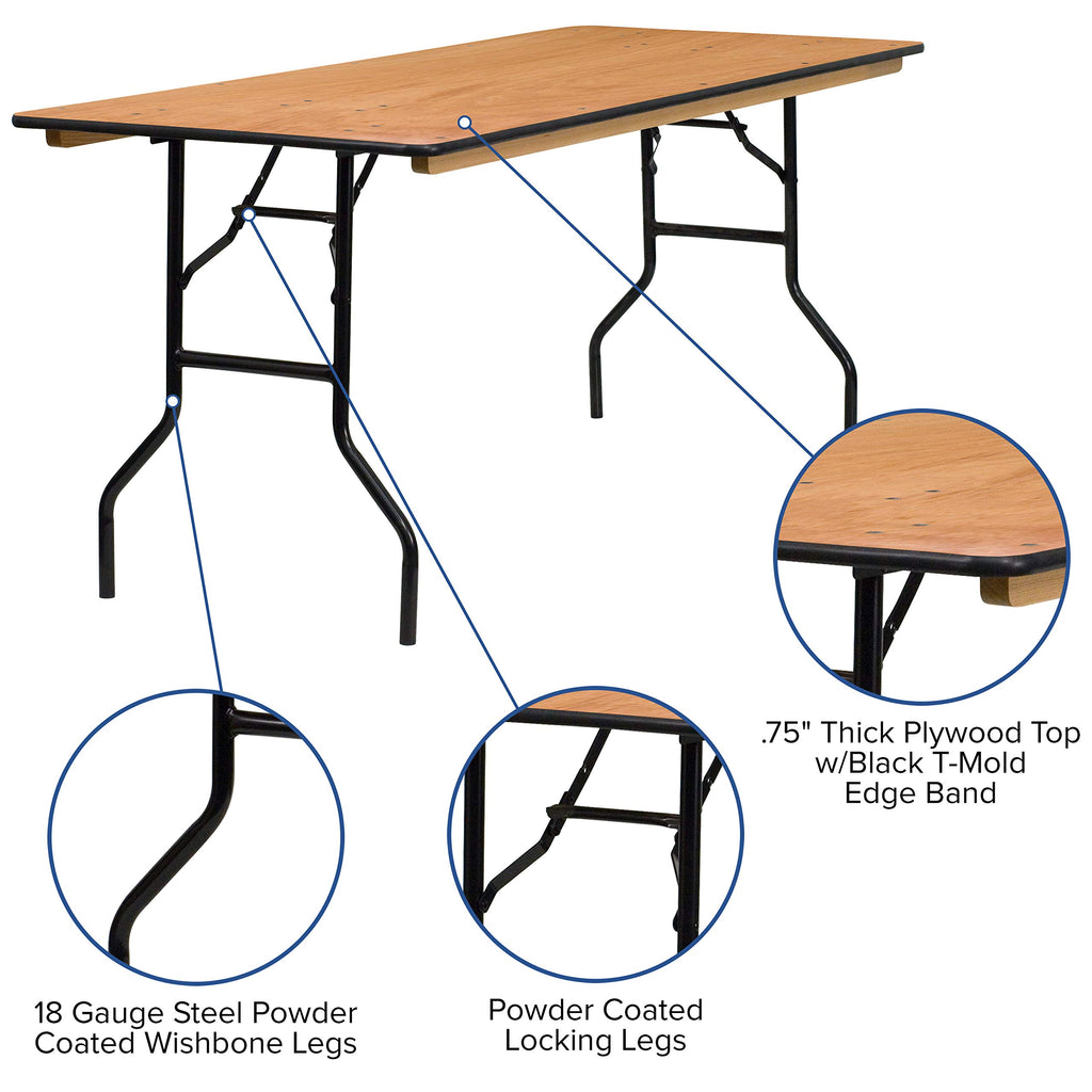 6 ft Wood Folding Banquet Table with Clear Coated Finish, 72" x 30"