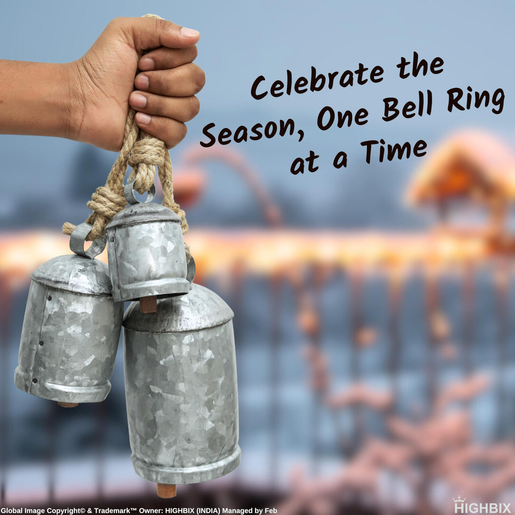 Set of 3 Medium Galvanized Metal Hanging Cow Bells Rustic Farmhouse Vintage-Style Cowbells with Jute Rope for Wall