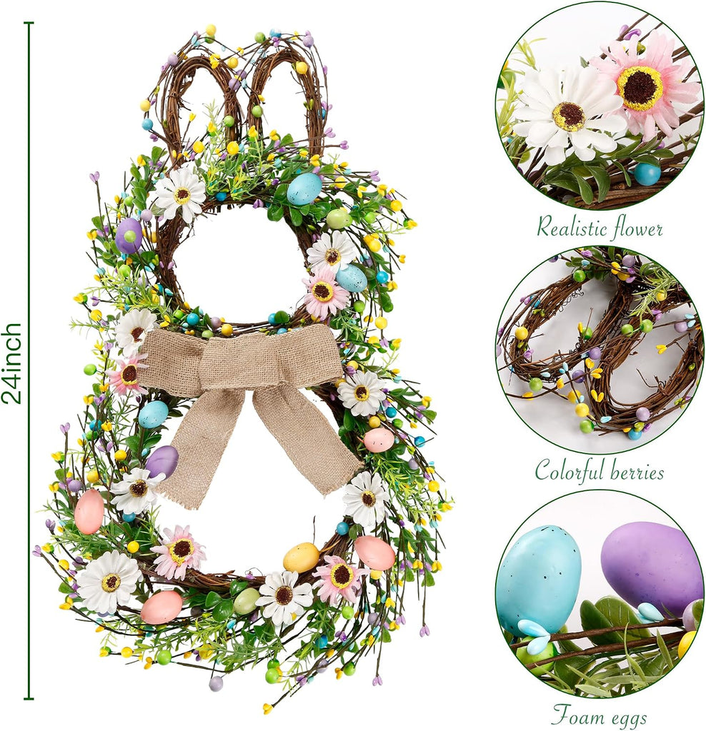 25 Inch Easter Bunny Shaped Artificial Flower Wreath with Colorful Berries Daisies Greenery Bow Knot for Front Door