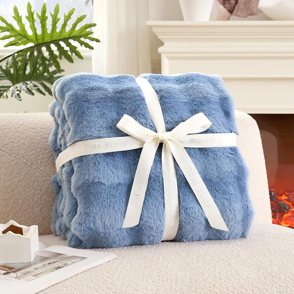 Faux Fur Bubble Throw for Couch, Fuzzy Soft Plush Thick Blanket for Sofa Bedroom Living Room, 60x80 Inches Misty Blue