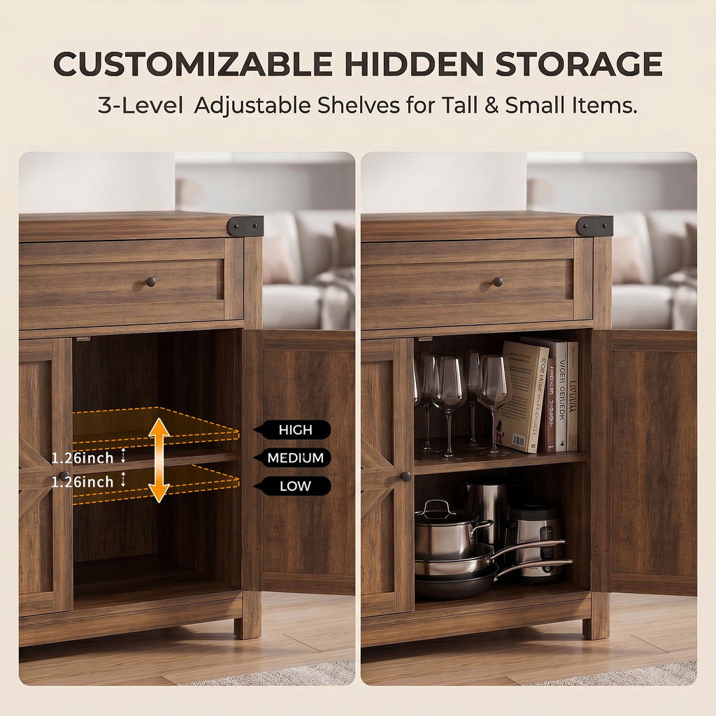 Farmhouse Coffee Bar and Accent Cabinet with Barn Doors, Brown