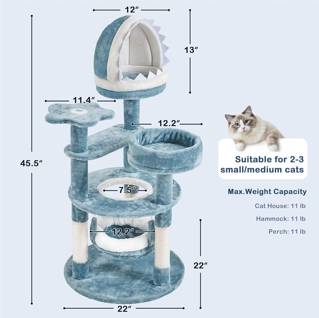 Cute Shark Cat Tree for Kittens, Multi-Level Small Blue Tower
