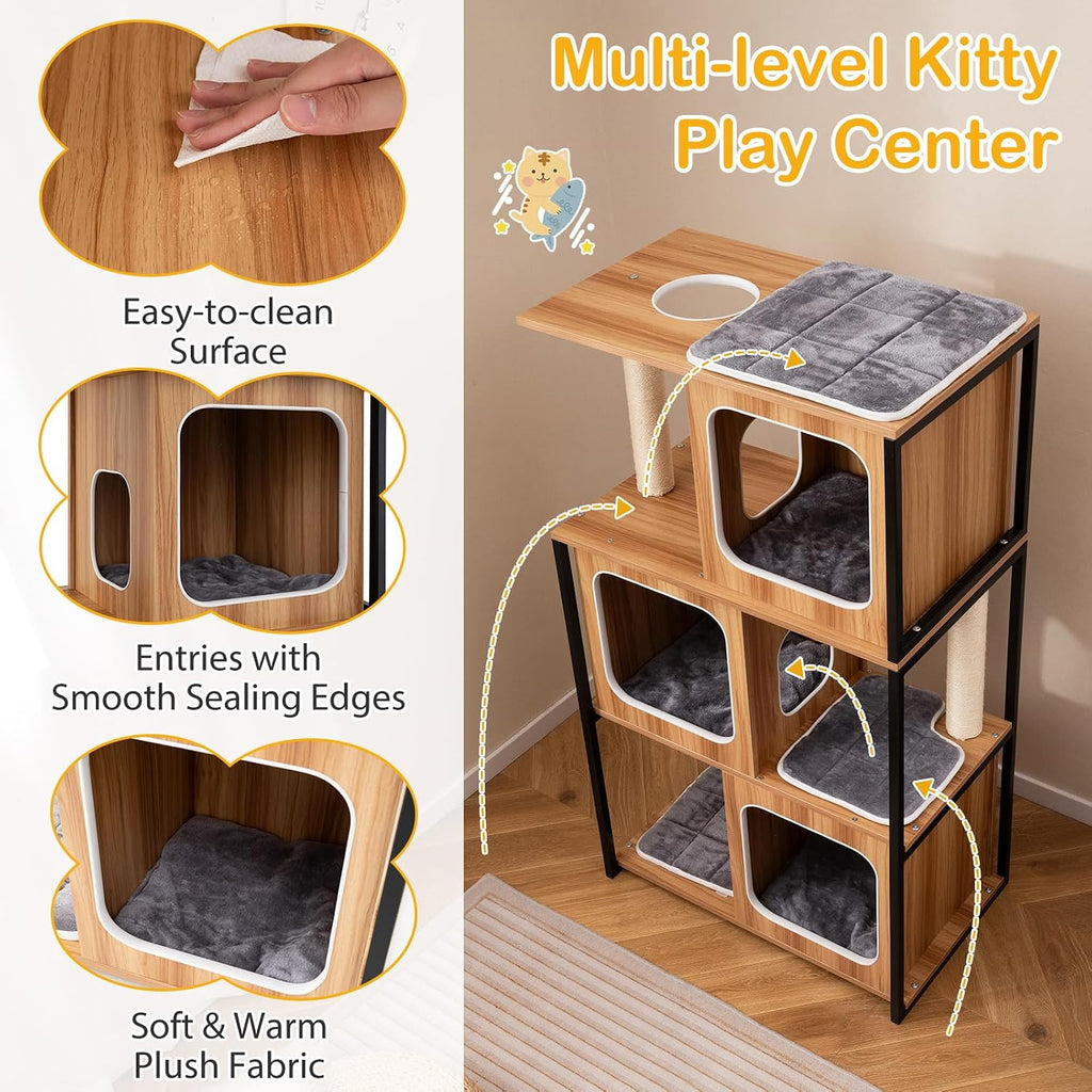 52-inch Wood Cat Tree for Indoor Cats, Multi-Level Solid Metal Framed Wooden Cat Tower with Sisal Scratching Posts