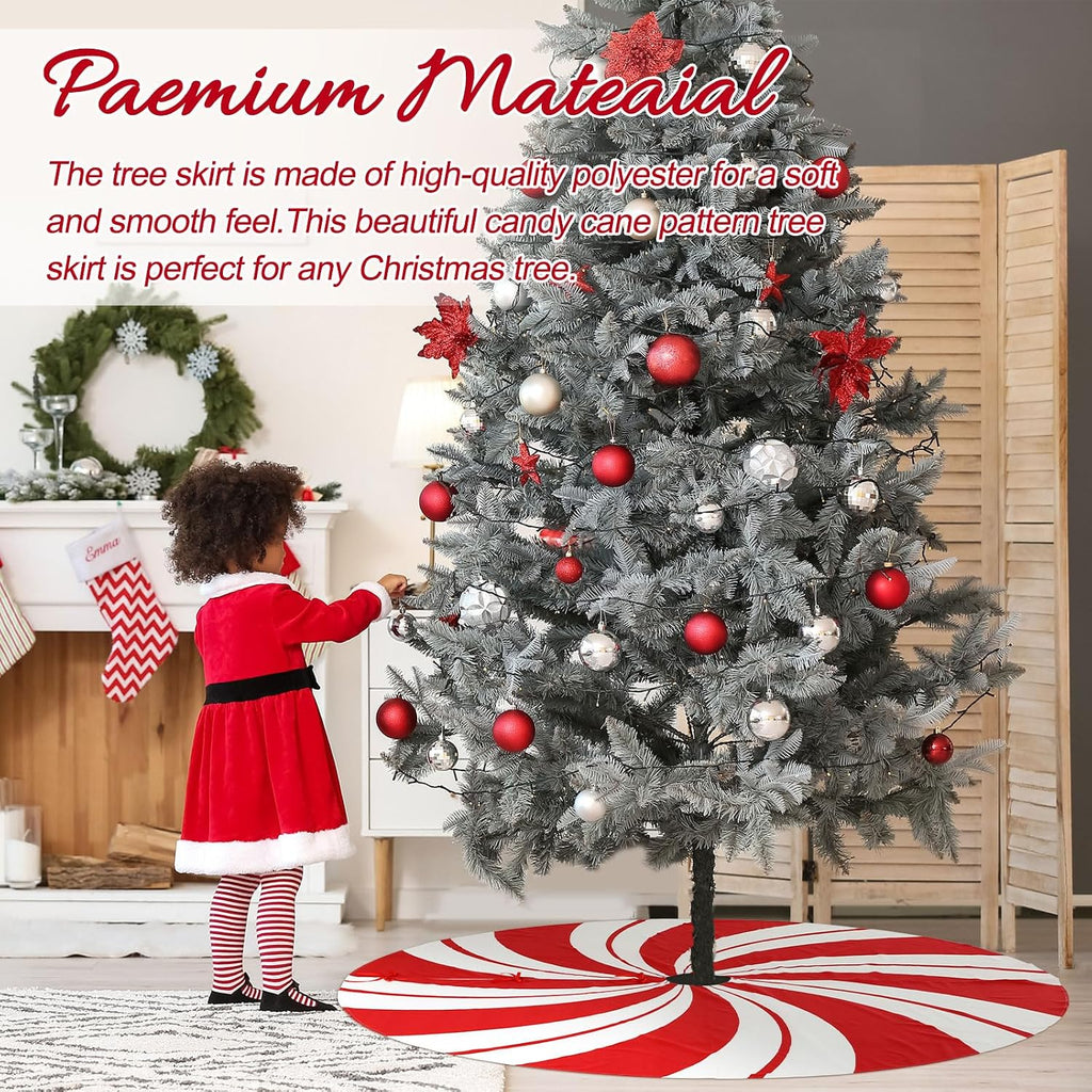 72 Inches Large Red Swirl Christmas Tree Skirt Sweet Candy Cane Christmas Tree Skirt Red and White Ornaments for