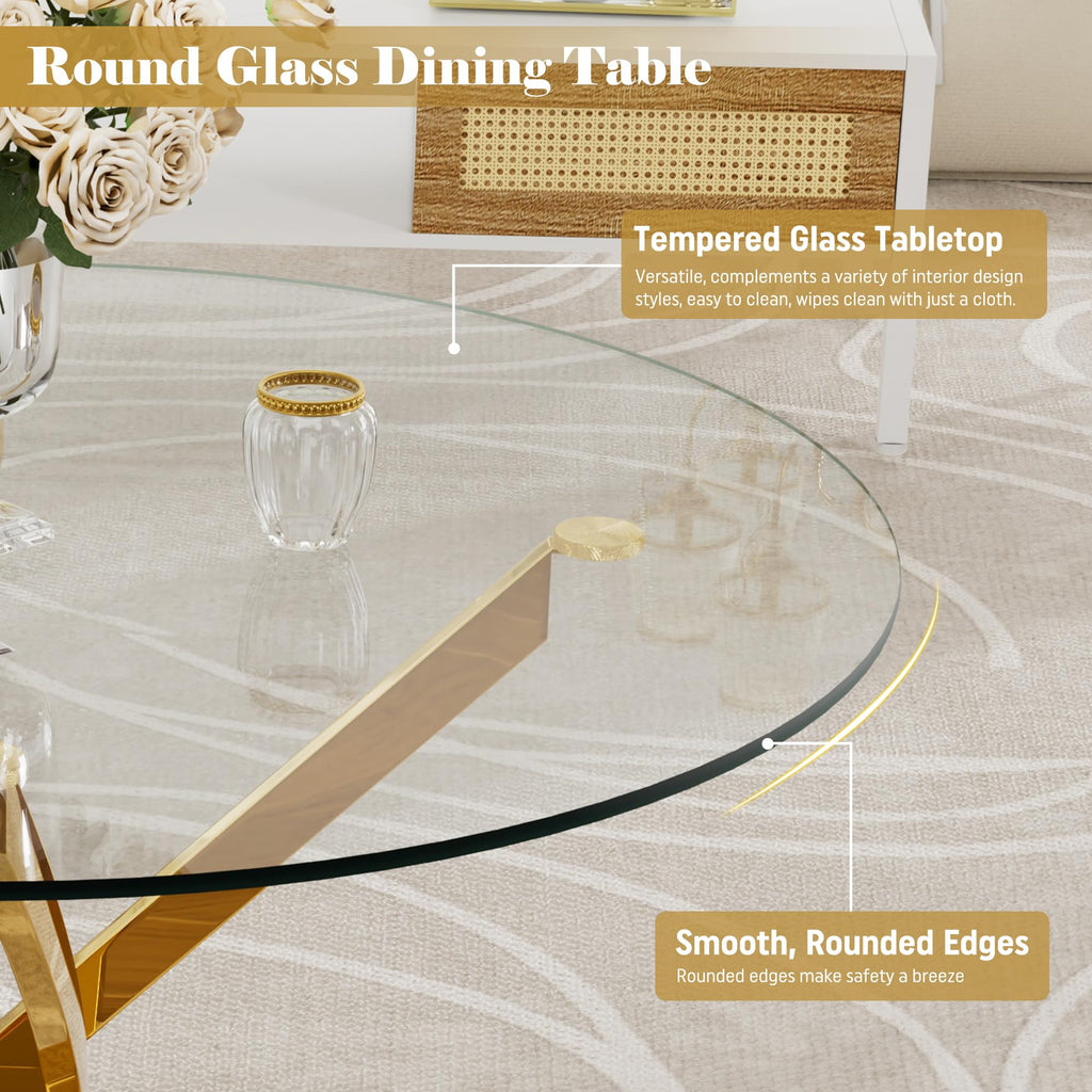 36-Inch Round Tempered Glass Dining Table for 2-4 Person Space-Saving Small Kitchen Table with Heavy-Duty Metal Legs