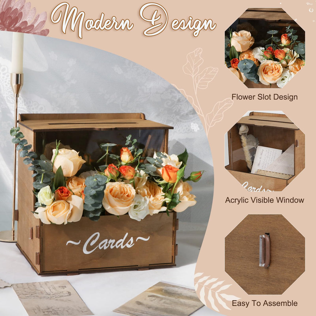 Brown Wooden Wedding Card Box with Flower Trough & Acrylic Board