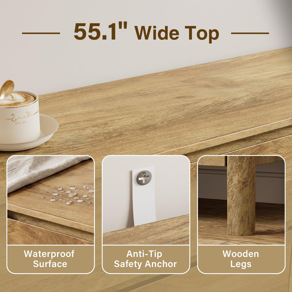 55.1" Wide 6 Drawer Wood Dresser with Legs, Natural Oak