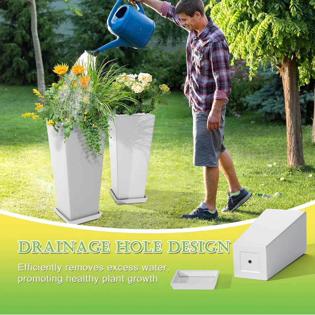 Set of 2 Tall Planters, 24" Large Indoor Outdoor Flower Pots with Tray, Modern Tapered Planters for Porch, Patio