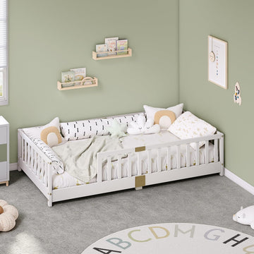 Twin Montessori Floor Bed with Rails | Solid Wood White Floor Bed Frame for Kids, Montessori Bed with Slats, No Box