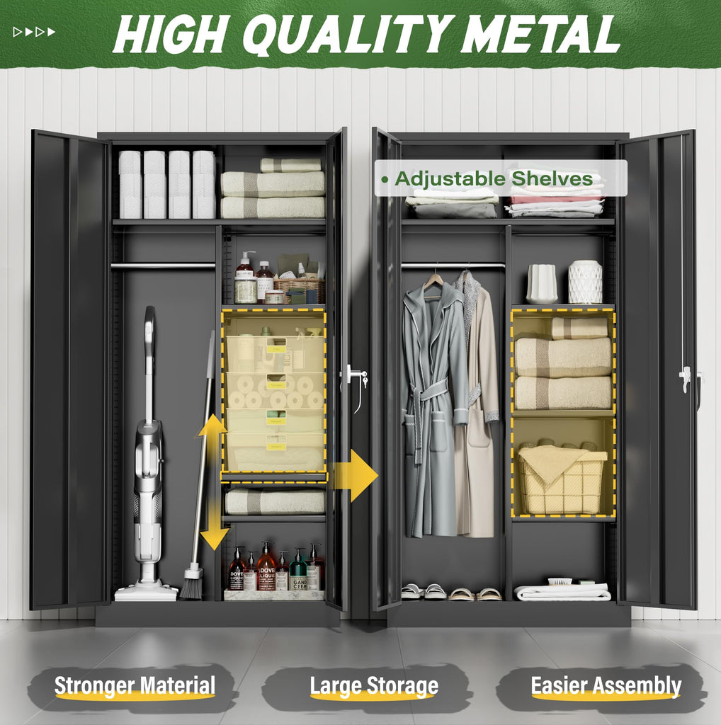 Metal Wardrobe Closet with Doors and Shelves, 72" Black Armoire Wardrobe Closet for Hanging Clothes, School