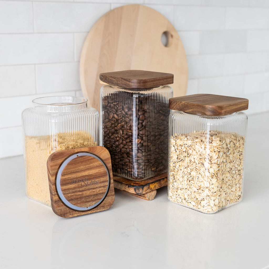 Ribbed Glass Square Jar with Wooden Lid 45fl.oz - Set of 3 | Airtight Fluted Storage Canister for Food, Pasta