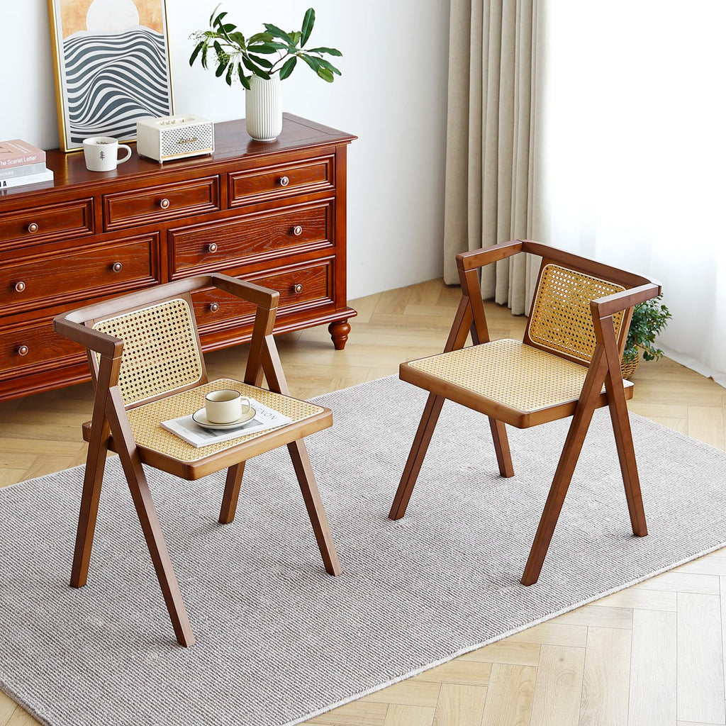 Rattan Dining Chair Set of 2, Mid-Century Modern Cane Armchair