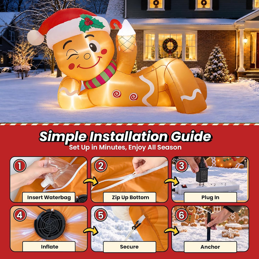 10FT Christmas Inflatable Funny Lying Gingerbread Man for Roof & Yard Decor