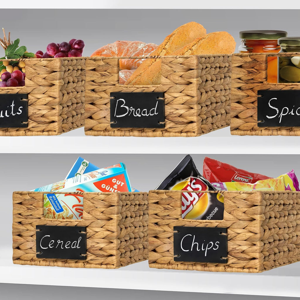 Water Hyacinth Storage Basket, Set of 6 Woven Wicker Baskets for Organizing with Chalkboard Labels and Chalk Marker
