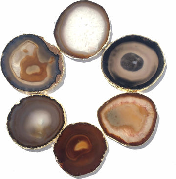 Golden Plated Natural Agate Coasters, Set, 3-4", with Rubber Bumper - Set of 6