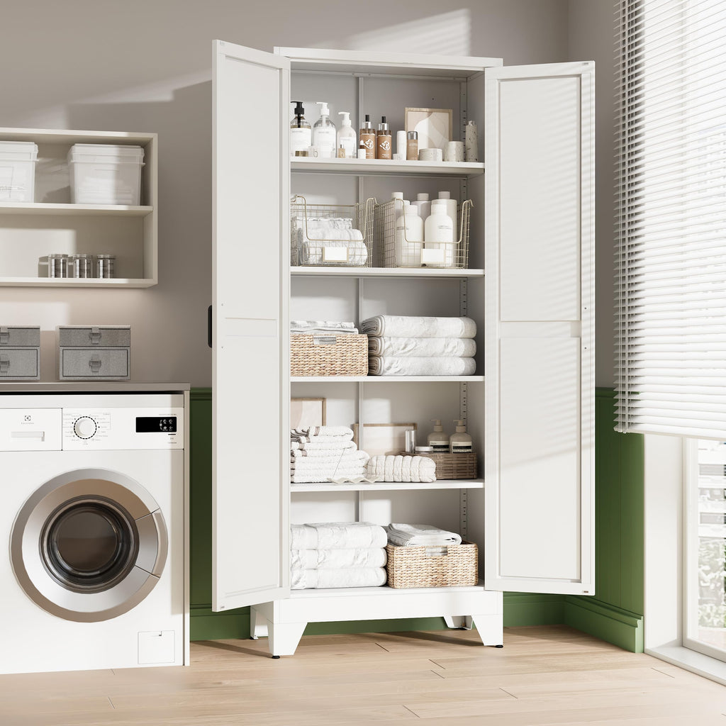 75" H Metal Storage Cabinet with 2 Doors and 4 Shelves, Tall Kitchen Pantry Cabinets, Farmhouse Utility Pantry