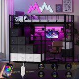 Twin Loft Bed with Desk, Stairs & LED Light, Metal Gaming Loft Bed Frame with Headboard, Safety Guardrail