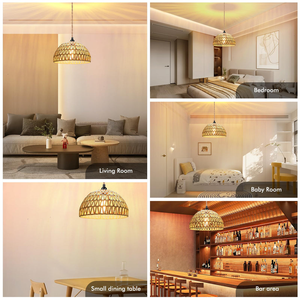 Plug in Pendant Light Rattan Hanging Lamp with 15 Ft Hemp Rope Cord