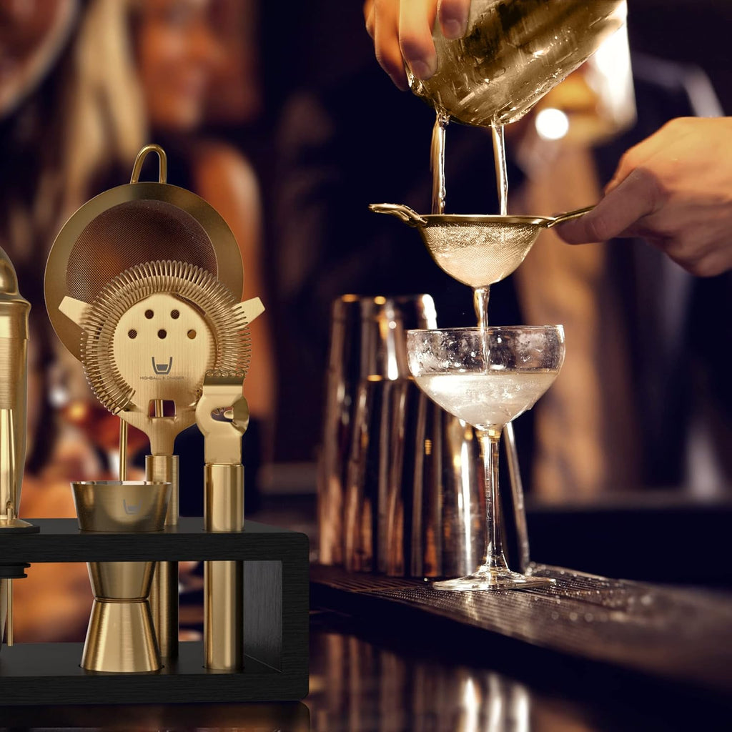 Bartender Kit with Espresso Bamboo Stand. Beautiful Cobbler Cocktail Shaker Set with Bar Tools Rustproof Stainless - Set of 13