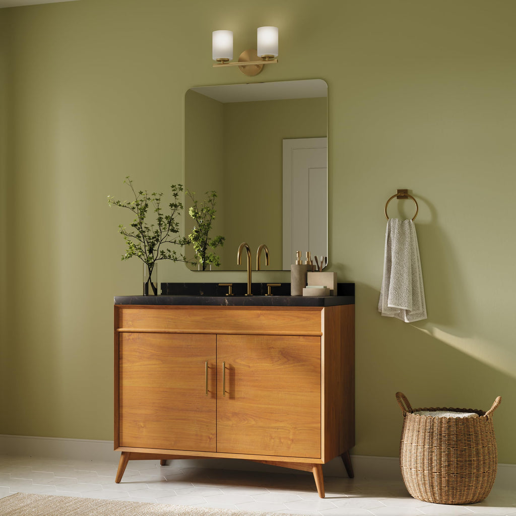 Replay 13 Inch 2-Light Vanity Light, Transitional, Brushed Gold with Etched Glass Shades, (7.875" H x 13" W x 6" D)