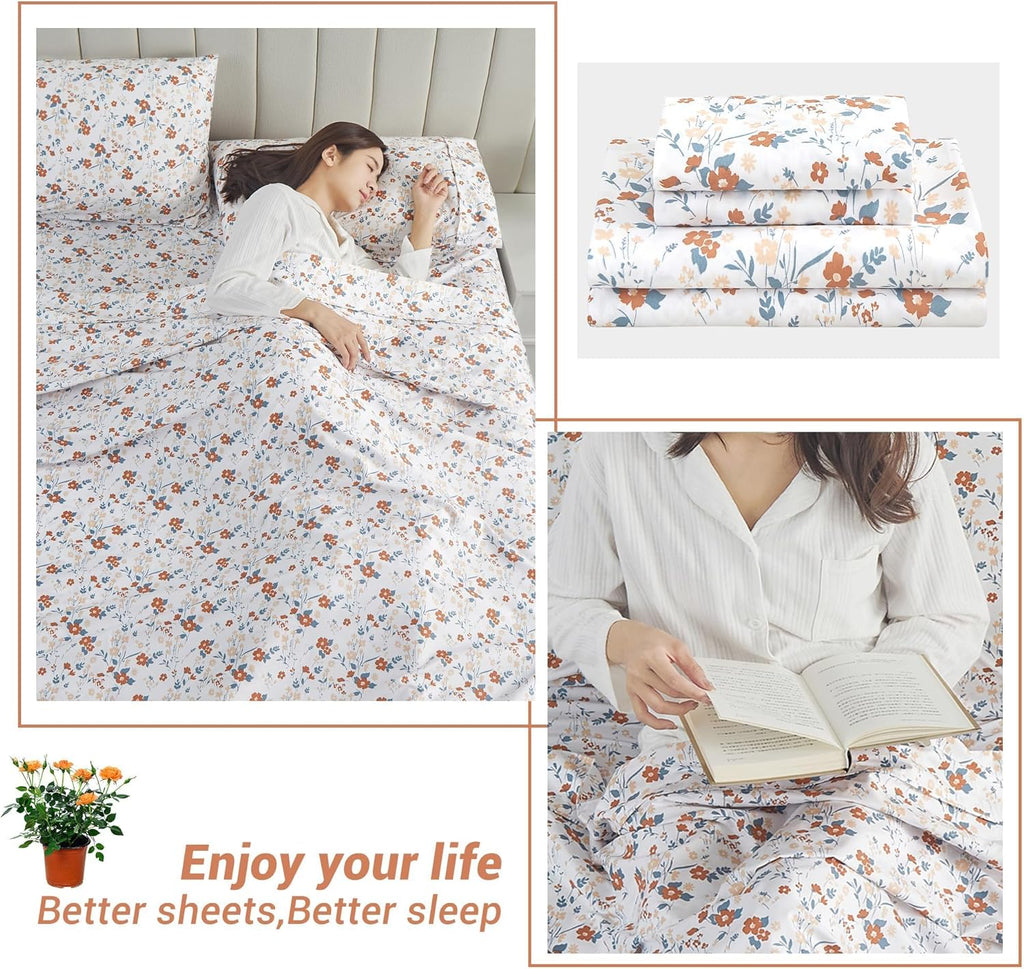Floral Queen Sheet Set Orange Flower Printed Bed Sheets - 4 Piece Soft Microfiber Patterned Fitted Sheets with 15"