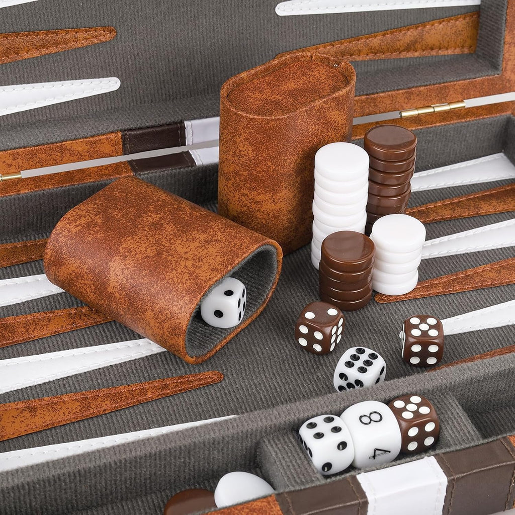 Backgammon Set, 11 Inch Portable Board Game with PU Leather Case for Adults, Brown Backgammon Travel Set
