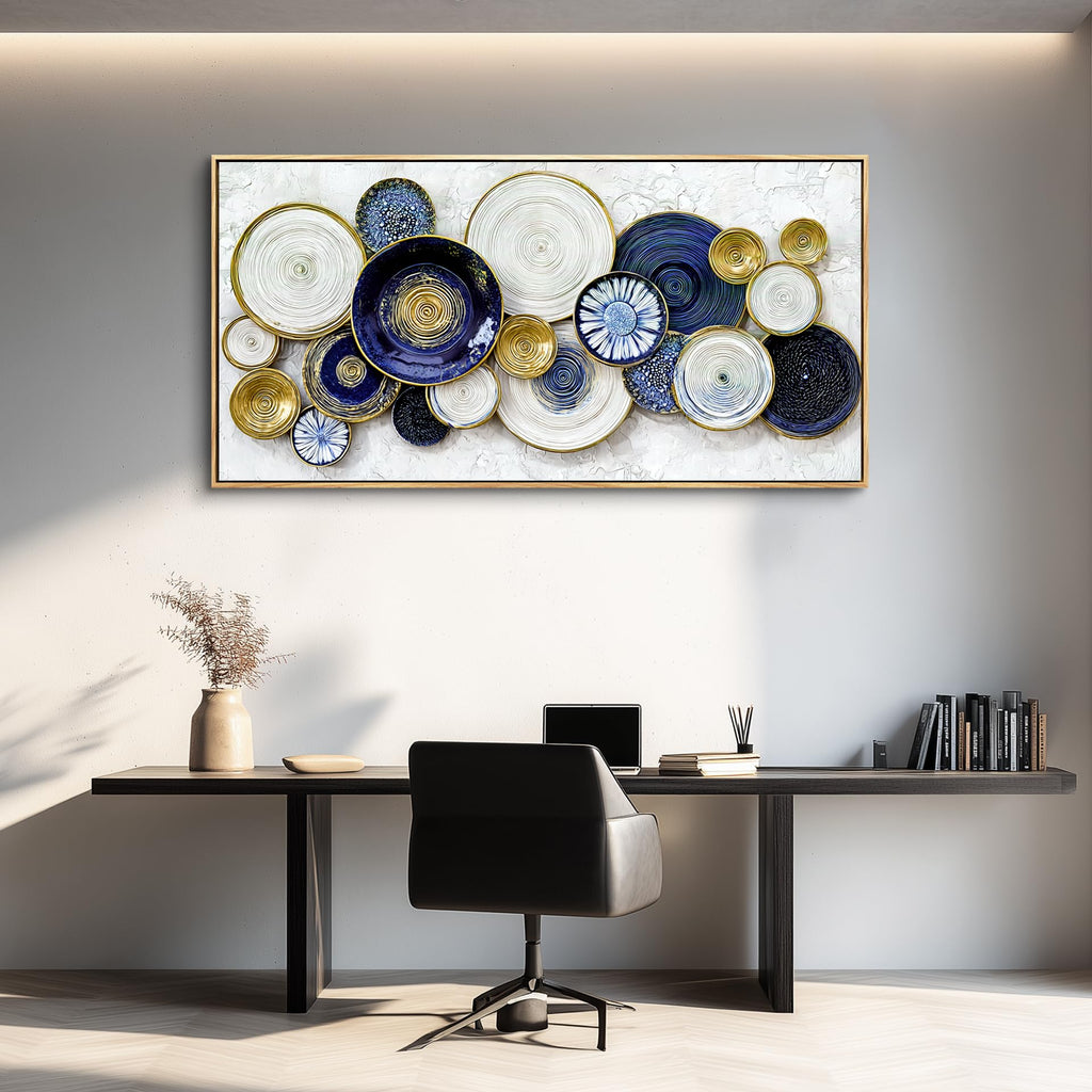 Canvas Wall Art Wall Decor Office Wall Decoration Blue Swirl Gold Trim Landscape Painting Abstract Pictures Artwork