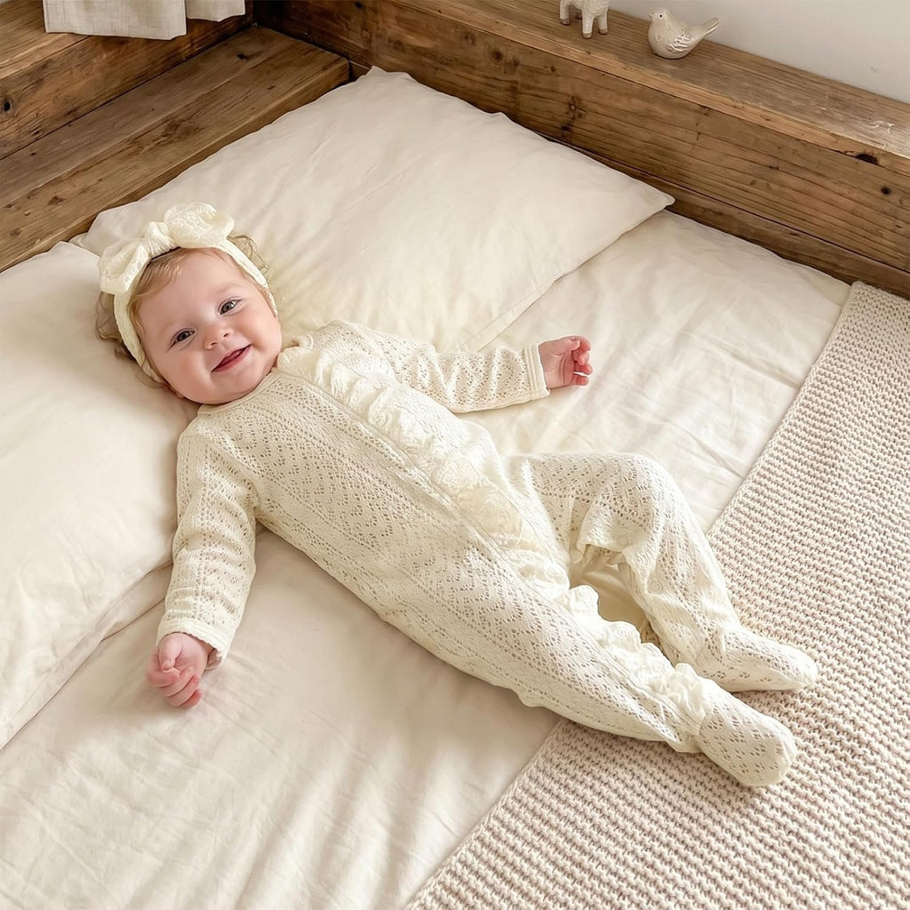 Infant Baby Girl Fall Outfit Romper Footies Solid Color Frills Ruffle Trim Jumpsuit Bodysuit Newborn Winter Clothes