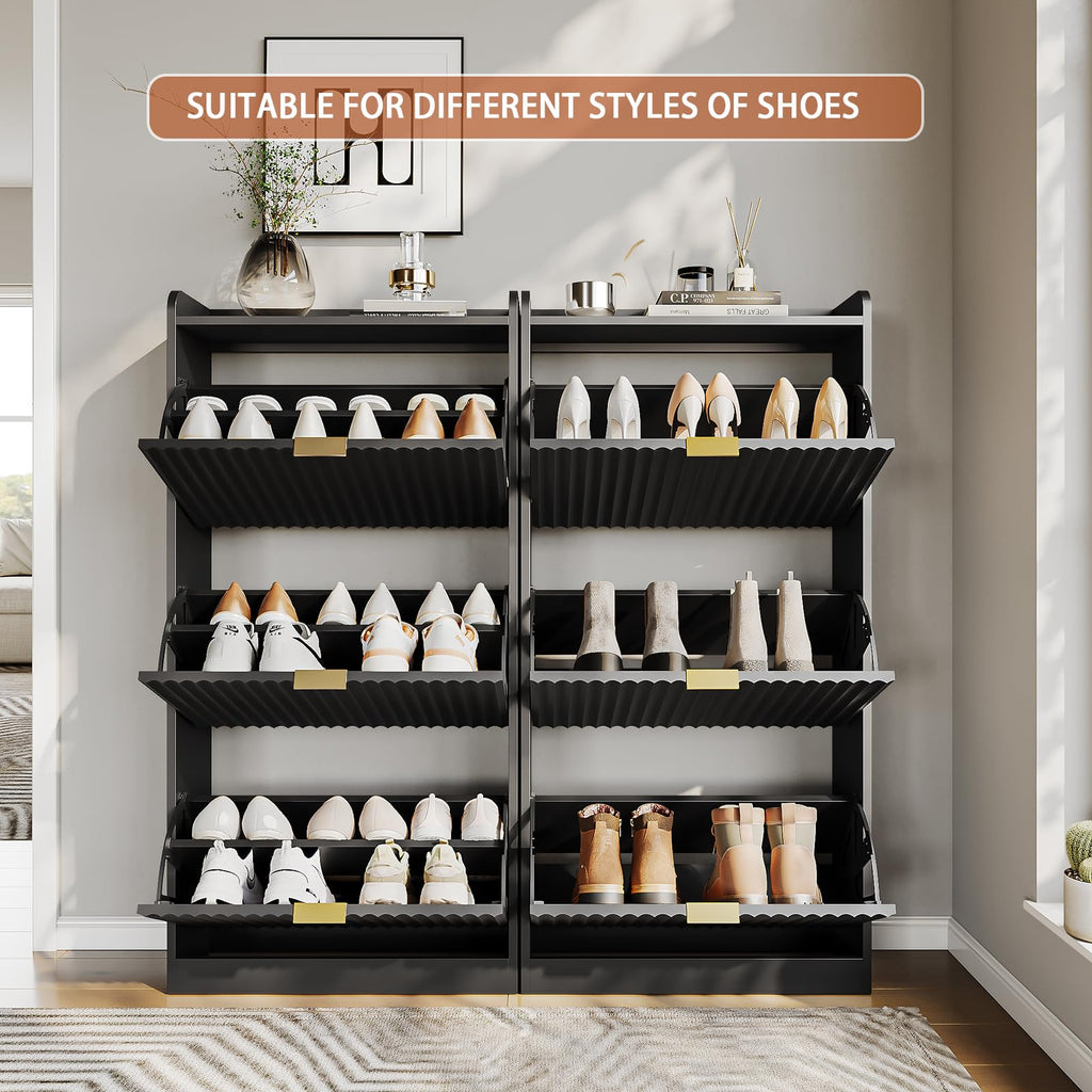 Black Fluted Shoe Cabinet, Narrow Entryway Storage Rack Organizer