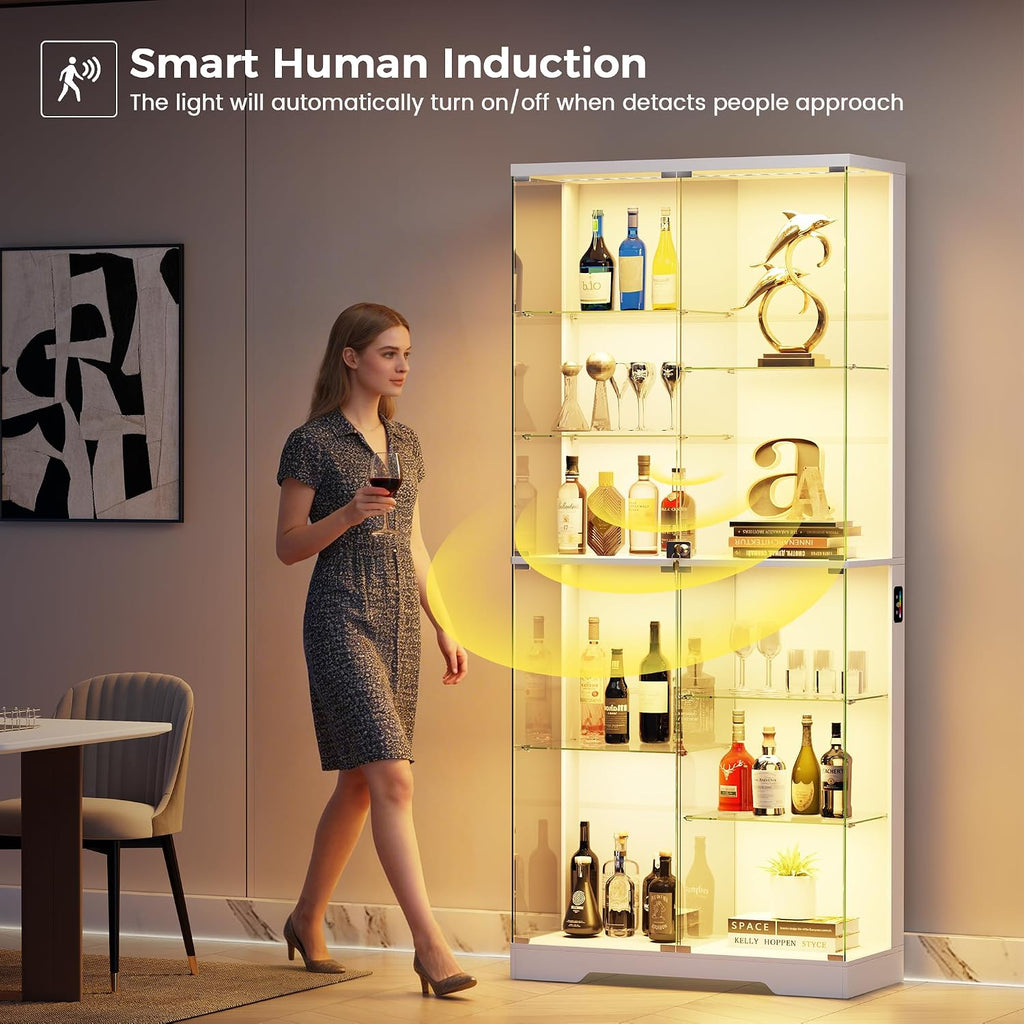 RGB Lighted Display Cabinet with Glass Doors, Frameless - White | 10-layers Shelves; 71inch Tall; Locking Showcase; 5