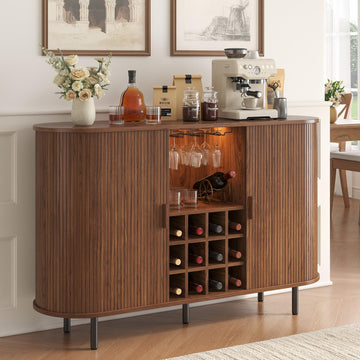 55 Inch Fluted Wine Bar Cabinet with LED Light, Walnut