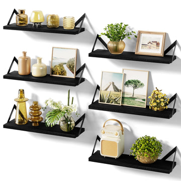 Black Floating Shelves, 6-Piece Set Wood Wall Storage Unit
