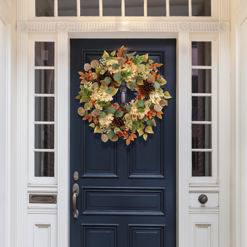 22 in Fall Hydrangea Wreath with Eucalyptus, Pinecones Orange Berries Perfect Autumn Door Wreath for Thanksgiving