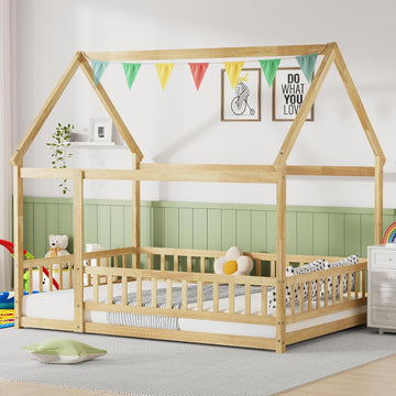 Toddler Floor Bed with Roof and Fence, Natural