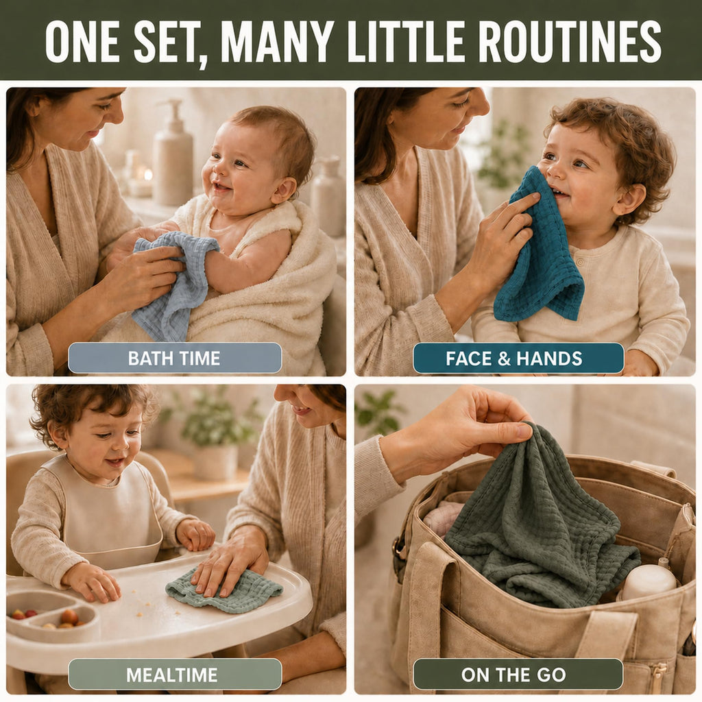 12 Pack Baby Muslin Washcloths - Face Cloths for Newborn, Absorbent Bath Wash Cloths, Wipes, Burp Rag - Toddlers