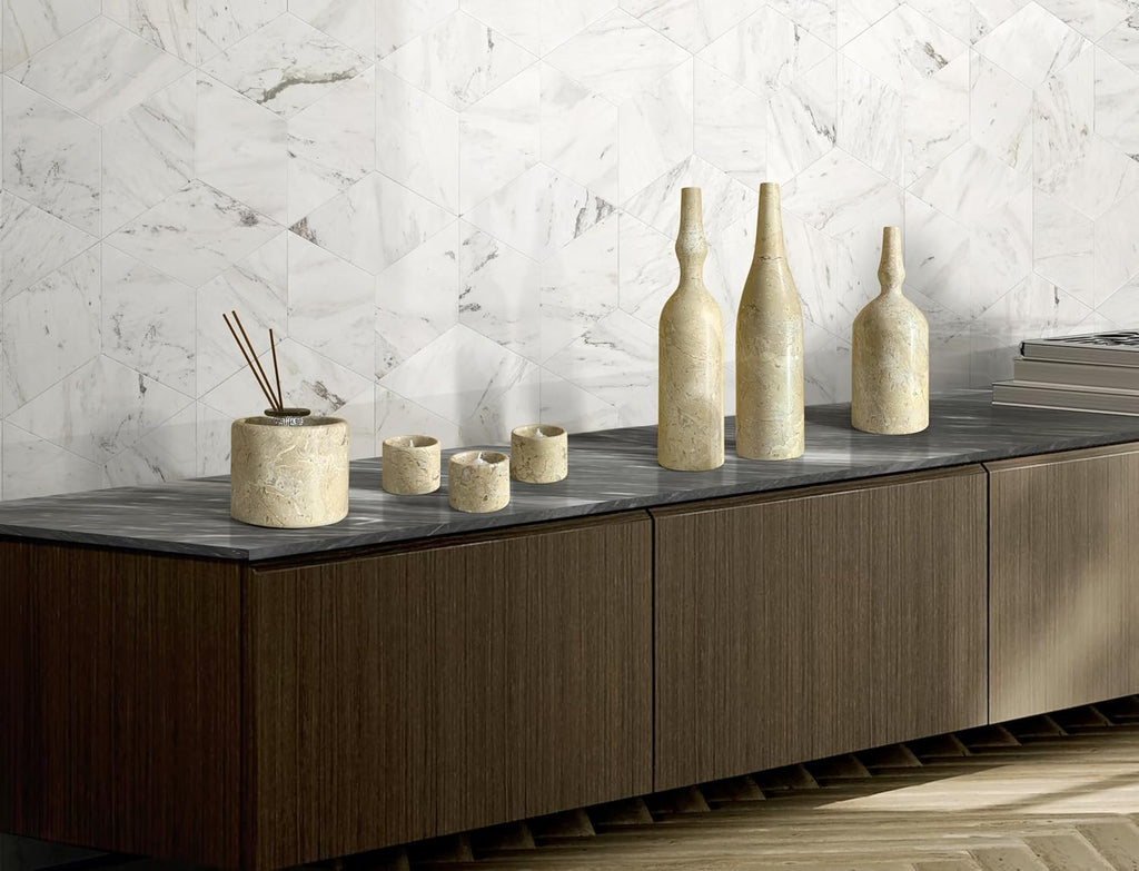 Natural Marble Home Decor Set: Luxury 7-Piece Vase & Candle Holder Collection - Golden Beige Stone Accessories &