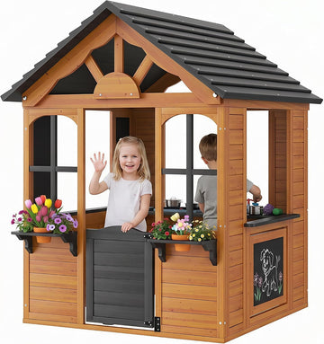 Kids Outdoor Playhouse Wood Play House for Kids Ages 3-8 withPet Door | Backyard Cottage Playhouse with Play