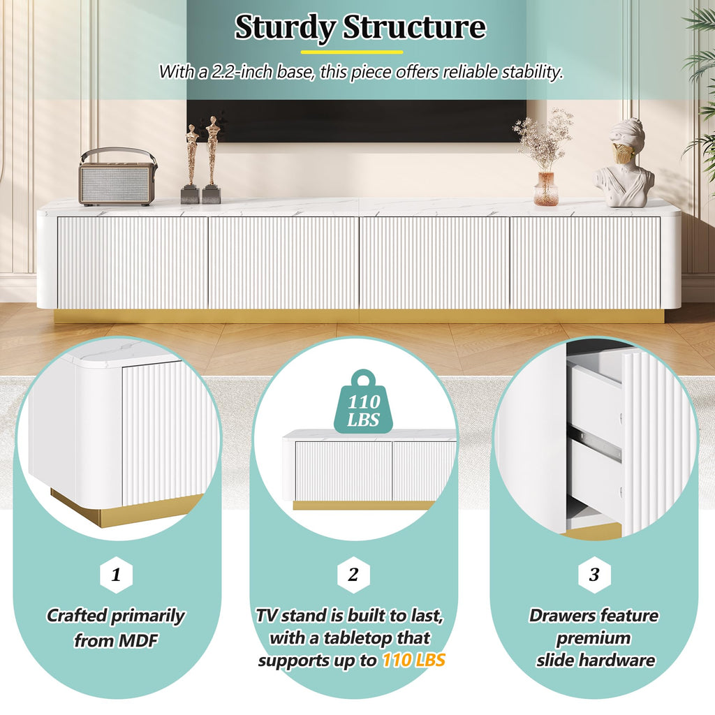 Fluted TV Stand with Gold Base and 4 Drawers, White