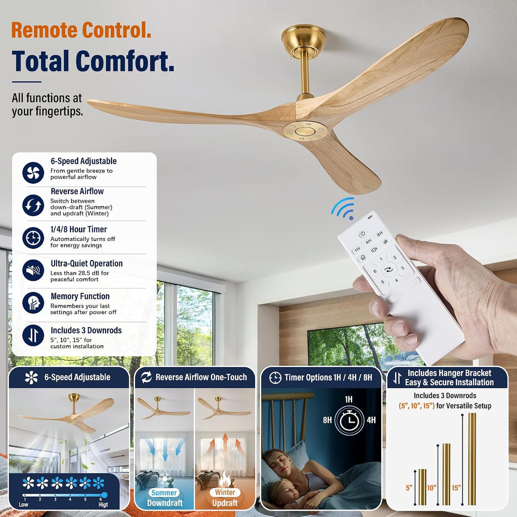 Inspired Maverick Style 60" wood ceiling fan, Brass Gold