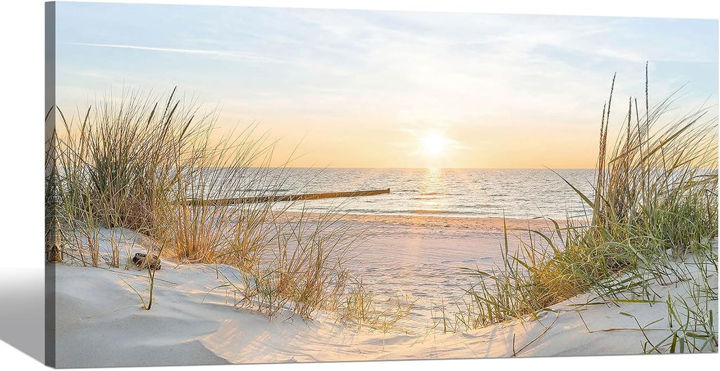 Canvas Wall Art Beach Picture: Coastal Sunset Painting Decor Ocean Seascape Artwork Sea Seaside Dunes Grass Print