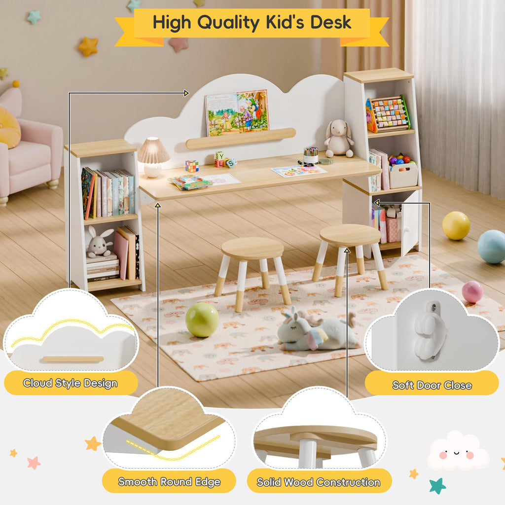 Kids Desk with Storage and 2 Stools, Wooden Children Study Desk and Chair Set with 5 Bookshelves & Cabinets